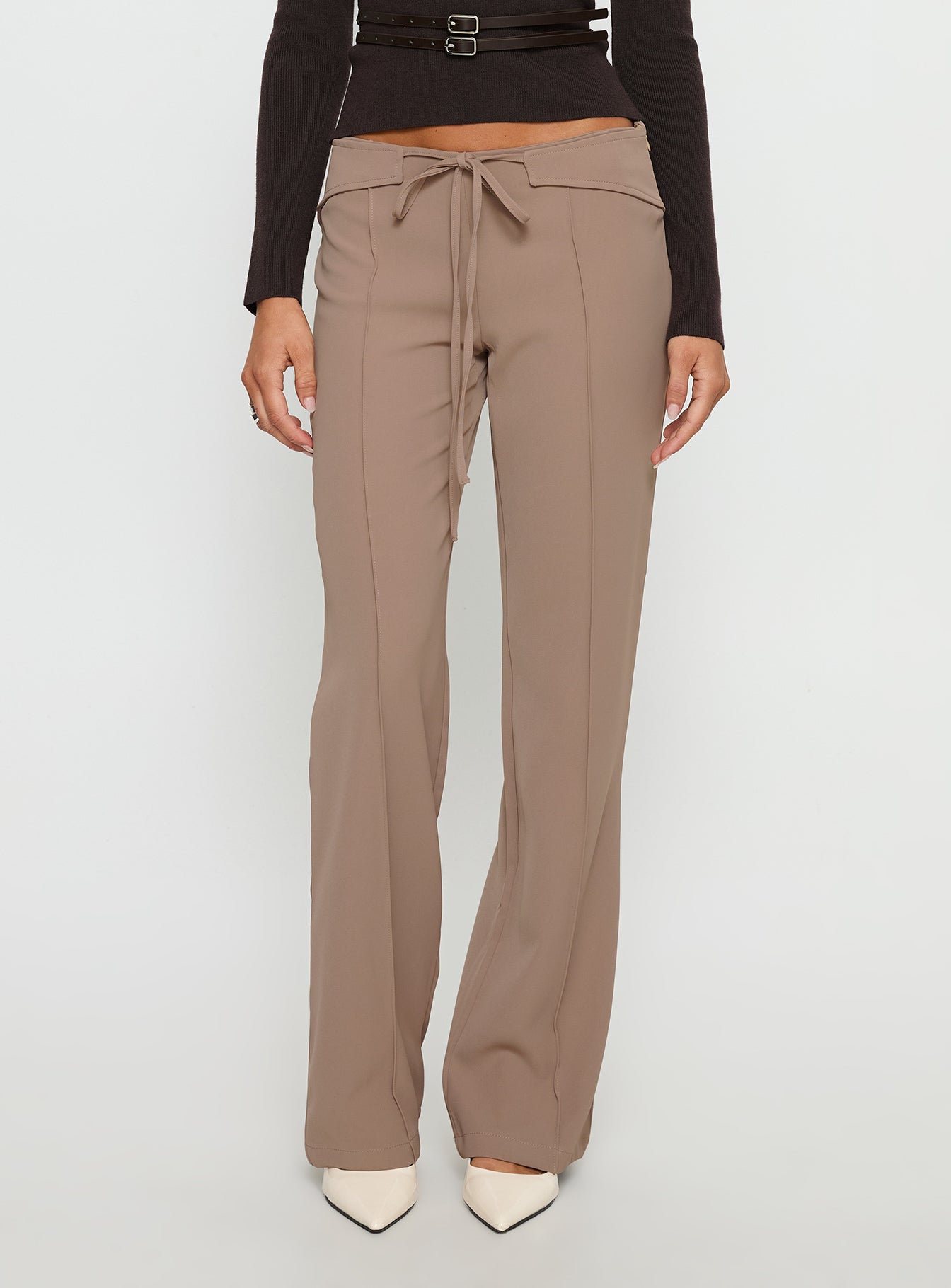 side view of model wearing Princess Polly Narratives Wrap Tie Trouser Pant Taupe Mid Rise Pants 