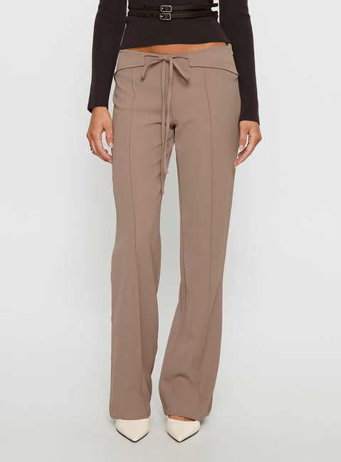 side view of model wearing Princess Polly Narratives Wrap Tie Trouser Pant Taupe Mid Rise Pants 