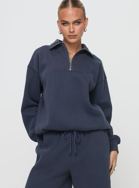 front view of model wearing Princess Polly Dream Fleece Quarter Zip Sweatshirt Navy 