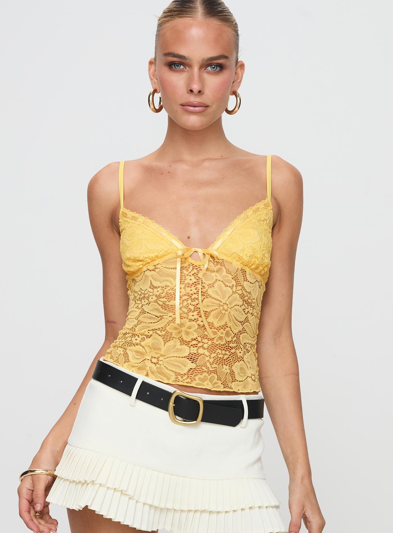 front view of model wearing Princess Polly Manski Lace Top Yellow Sleeveless Plunger 