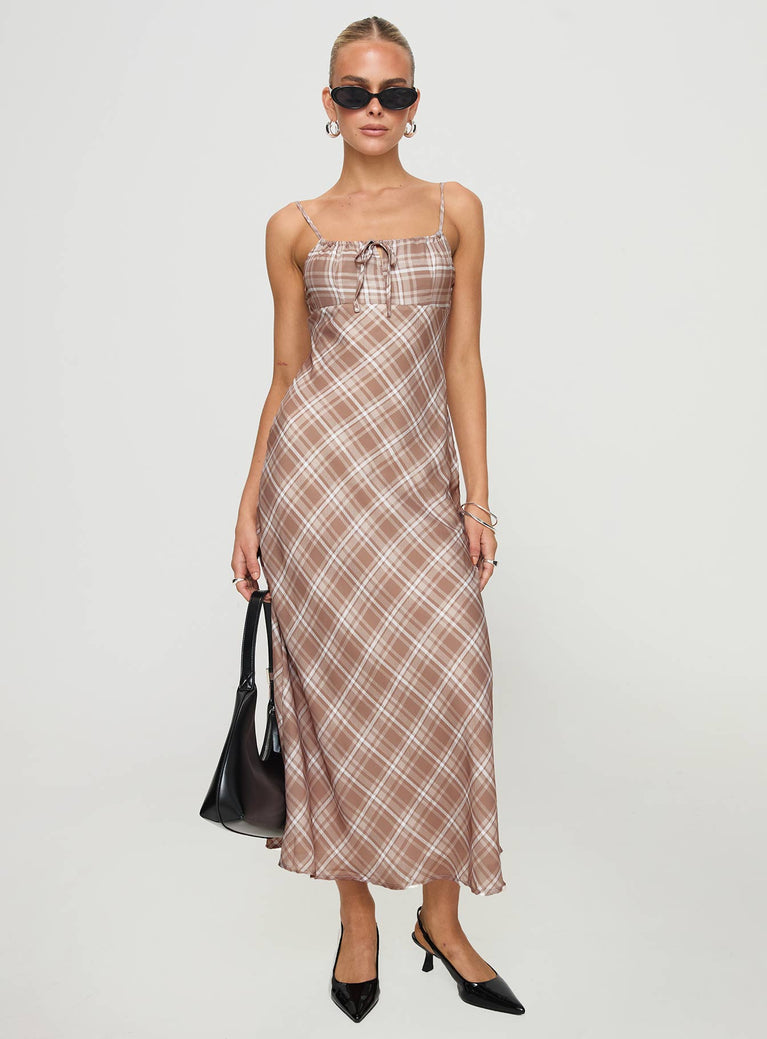 Maxi dress Tie fastening at bust, adjustable shoulder straps, invisible zip fastening at back Non-stretch, fully lines