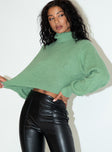 side view of model wearing Princess Polly Zahara Cropped Turtleneck Sweater Green Petite Cropped 