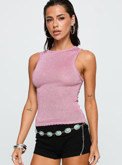 front view of model wearing Princess Polly No Pretending Top Pink Glitter Sleeveless Crew Neck 