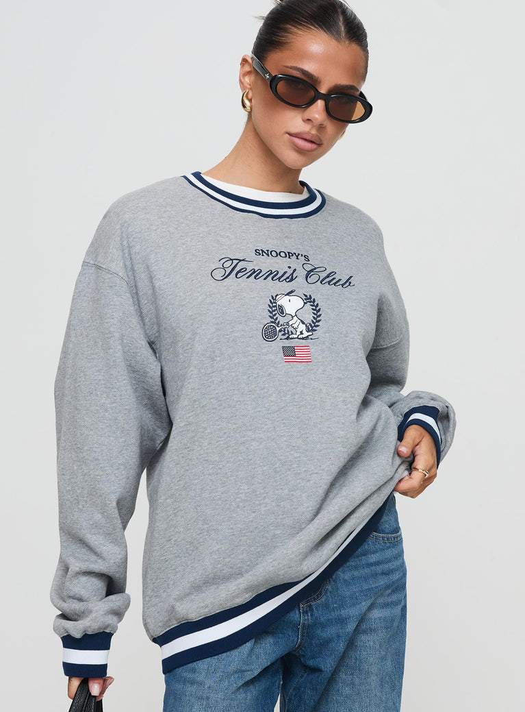 front view of model wearing Princess Polly Snoopy Tennis Club Sweater Grey Long 