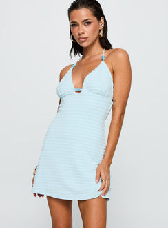 side view of model wearing Princess Polly Selkie Beaded Mini Dress Blue Plunger 