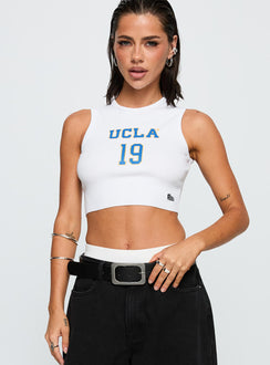 front view of model wearing Princess Polly UCLA Cutoff Tank Top White Sleeveless Crew Neck 