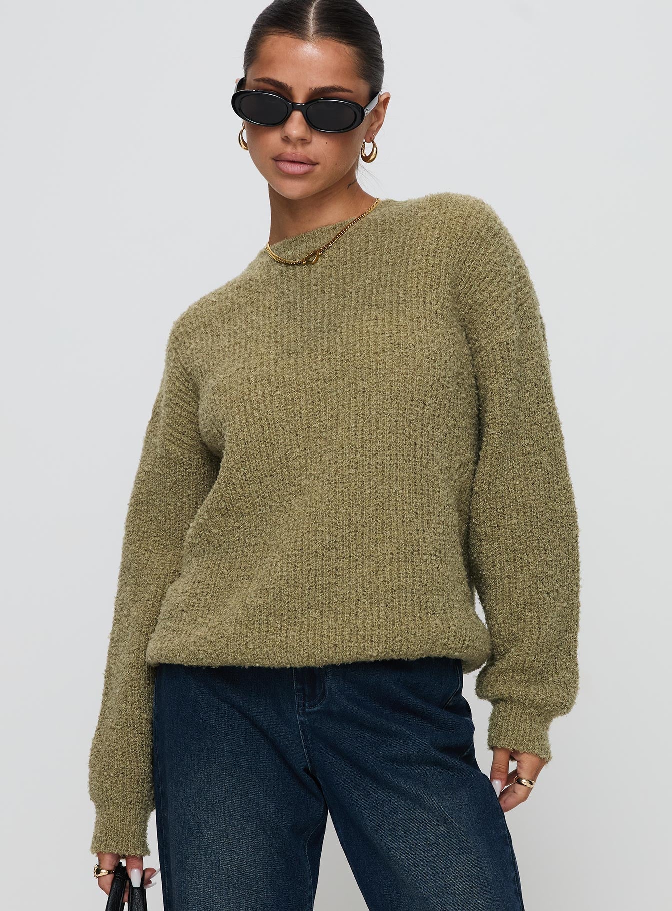 front view of model wearing Princess Polly South End Knit Sweater Khaki Long 