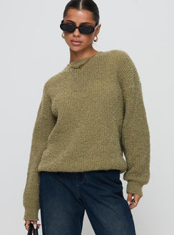 front view of model wearing Princess Polly South End Knit Sweater Khaki Long 