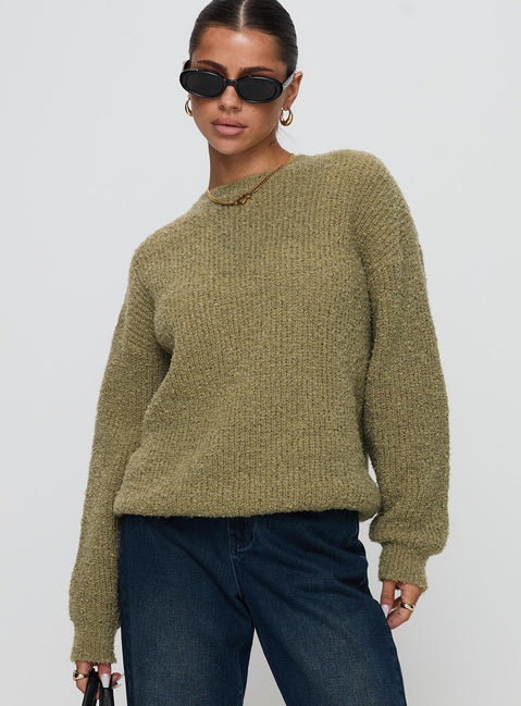 front view of model wearing Princess Polly South End Knit Sweater Khaki Long 