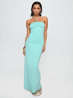 side view of model wearing Princess Polly A Vision Hardware Detail Maxi Dress Blue Straight Neck 