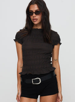Romelle Shirred Top Black / Brown Plaid Petite