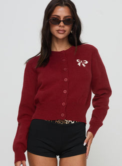 front view of model wearing Princess Polly With A Bow Cardigan Red 