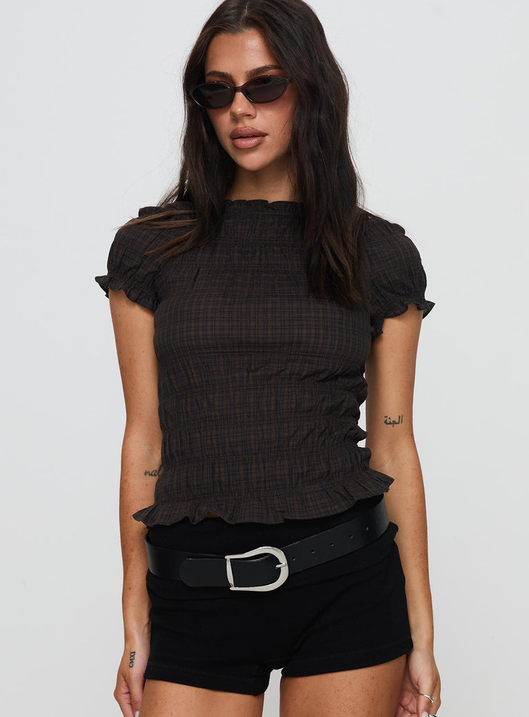 Romelle Shirred Top Black / Brown Plaid