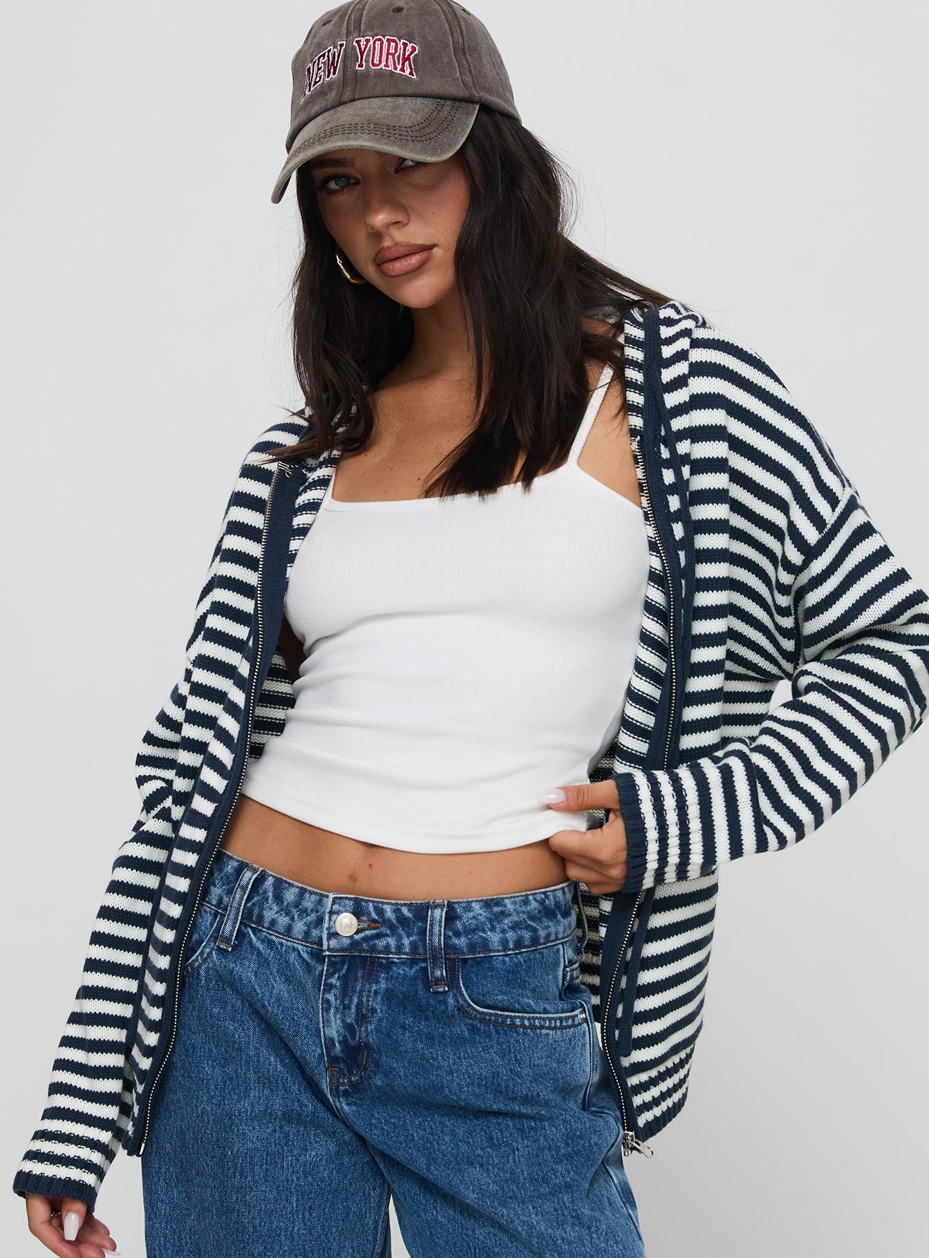 side view of model wearing Princess Polly Brienna Zip Jacket Navy Long 