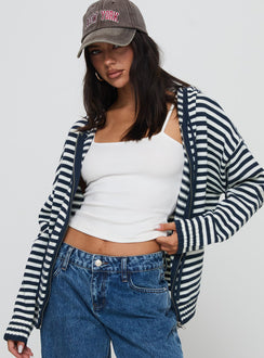 side view of model wearing Princess Polly Brienna Zip Jacket Navy Long 