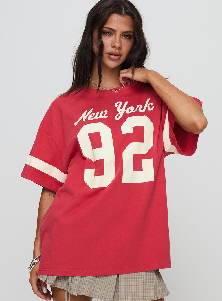 front view of model wearing Princess Polly New York 95 Oversized Tee Red Half Sleeves Crew Neck 