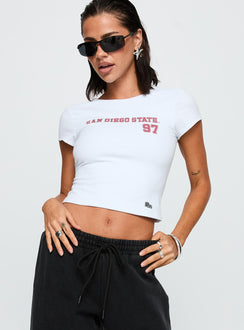 front view of model wearing Princess Polly SDSU Comeback Top White Short Sleeves Crew Neck 