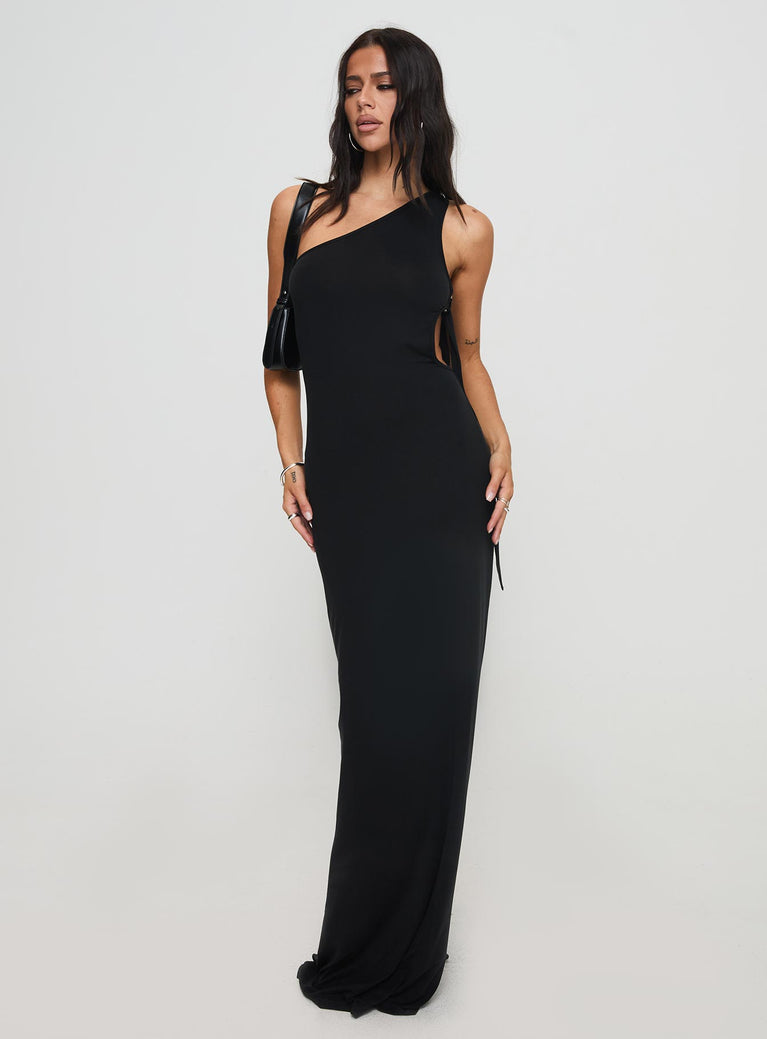 front view of model wearing Princess Polly Trail Blazer Asymmetrical Maxi Dress Black Asymmetric Neckline 