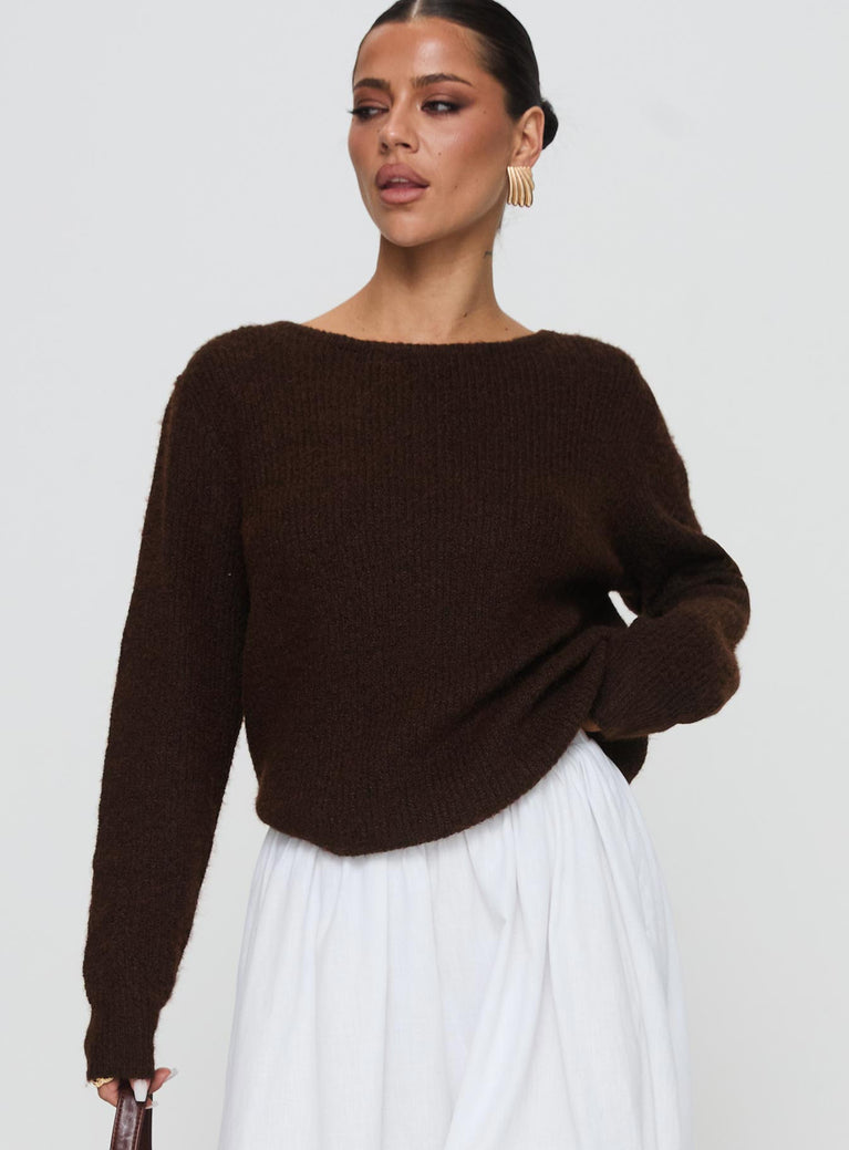 front view of model wearing Princess Polly Abrams Rib Knit Crew Sweater Chocolate Marle Long 