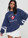 front view of model wearing Princess Polly Snoopy Star Tennis Club Sweater Navy Long 