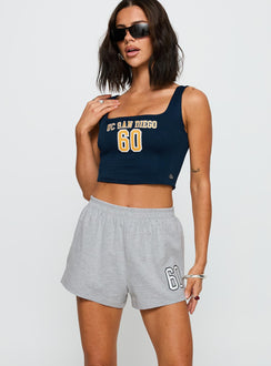 front view of model wearing Princess Polly UC San Diego Soffee Short Heather Grey High Waisted Shorts 