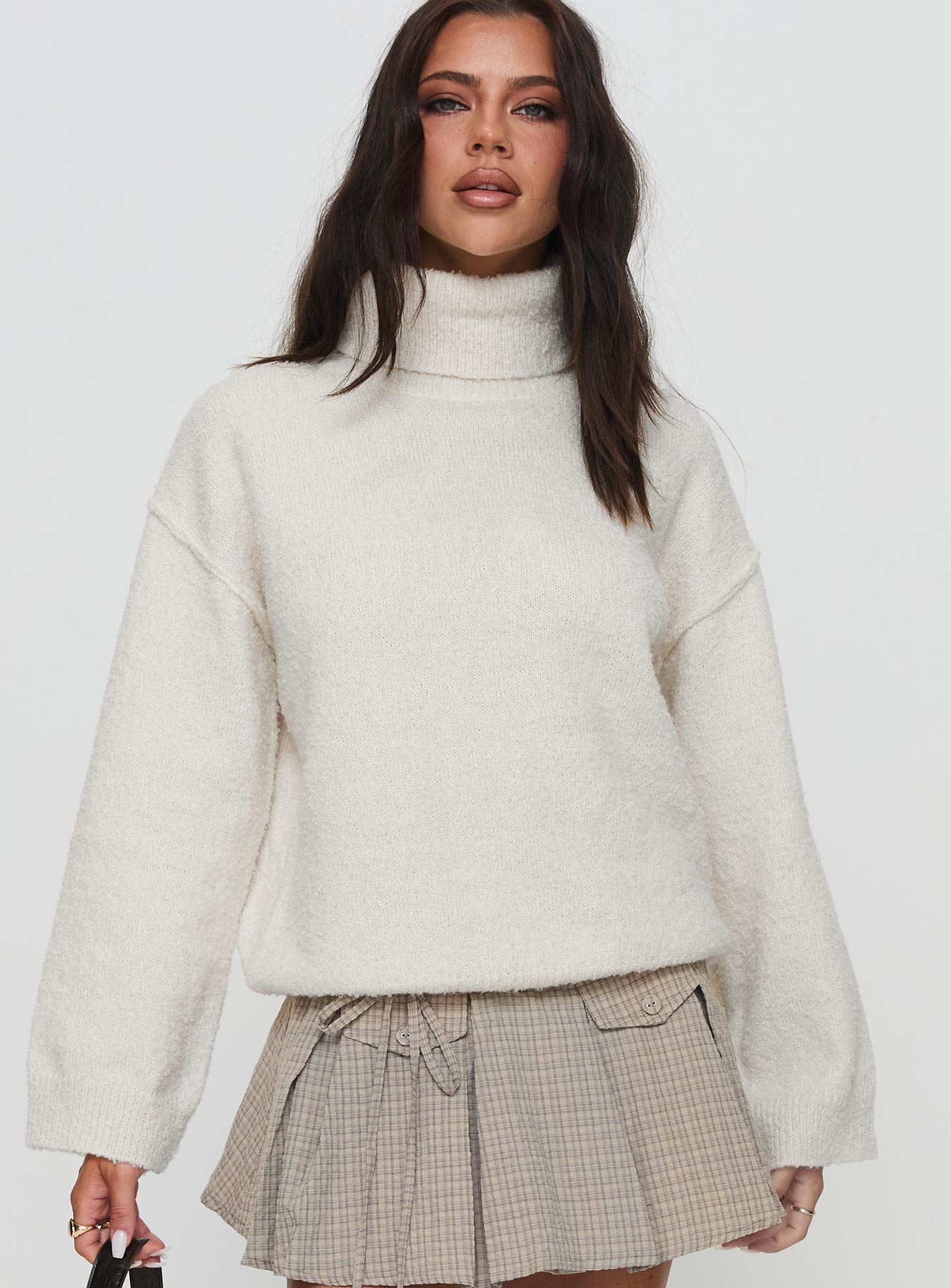 front view of model wearing Princess Polly Finnien Boucle Turtleneck Sweater Cream Long 