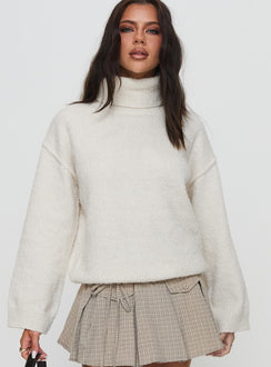 front view of model wearing Princess Polly Finnien Boucle Turtleneck Sweater Cream Long 
