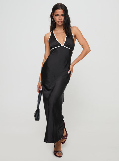 front view of model wearing Princess Polly Thandi Maxi Dress Black Plunger 