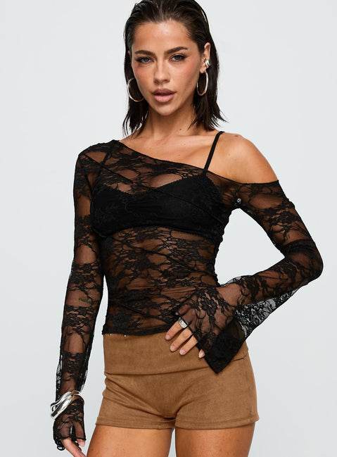 front view of model wearing Princess Polly How Ironic One Shoulder Lace Top Black Full Sleeves Asymmetric Neckline 