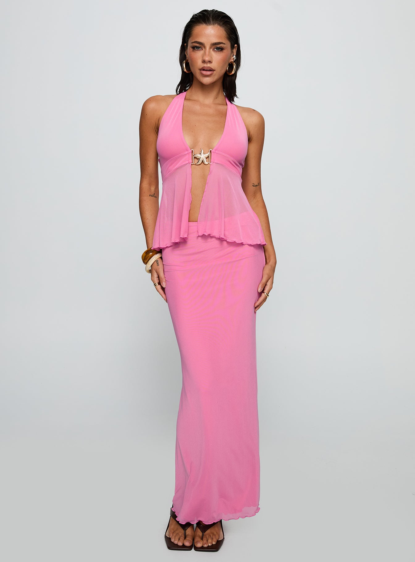   front view of model wearing Princess Polly De Angelo Maxi Skirt Pink Maxi 