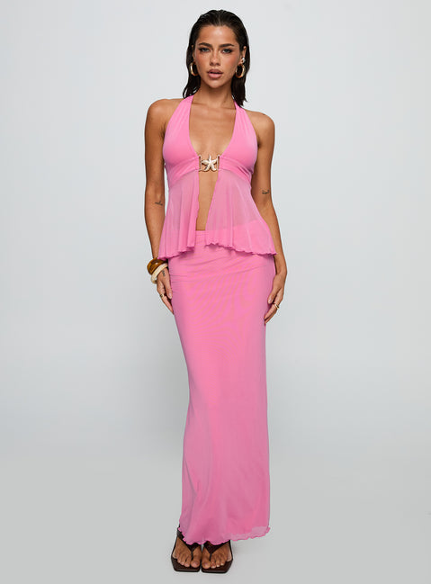  front view of model wearing Princess Polly De Angelo Maxi Skirt Pink Maxi 