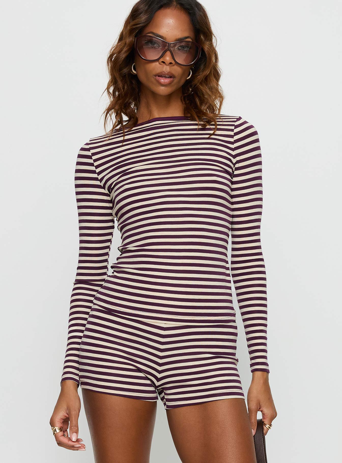 Caprise Wide Neck Long Sleeve Top Purple Stripe