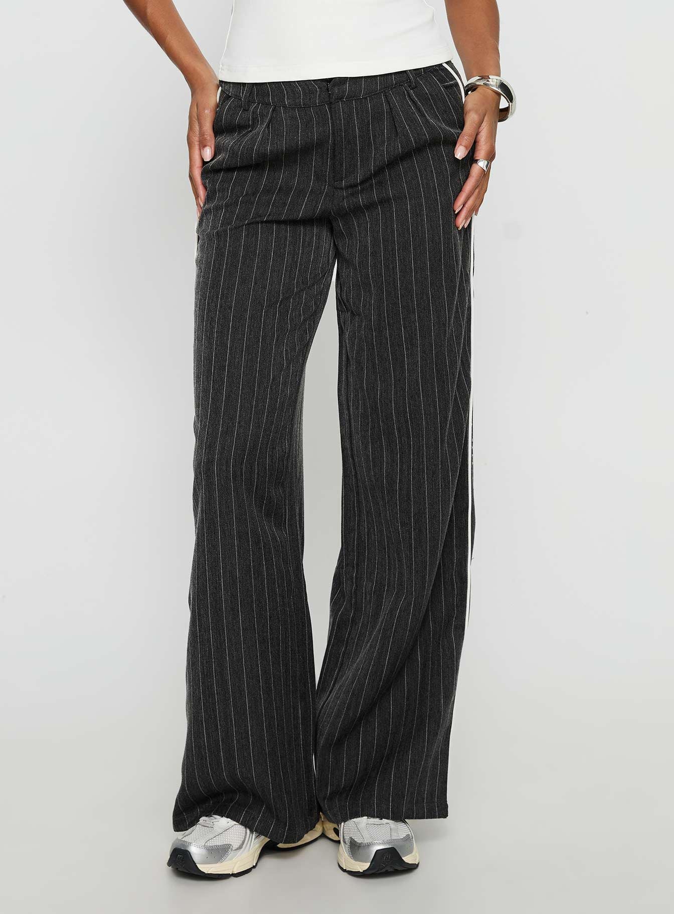 front view of model wearing Princess Polly Knowla Pleated Trouser Pant Grey Pinstripe Mid Rise Pants 