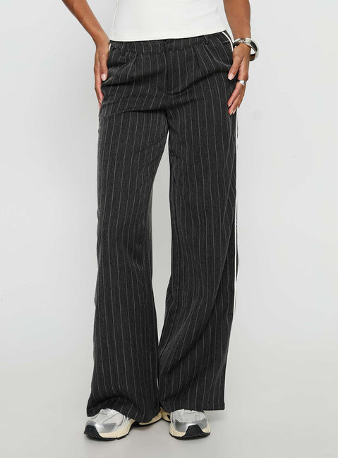 front view of model wearing Princess Polly Knowla Pleated Trouser Pant Grey Pinstripe Mid Rise Pants 