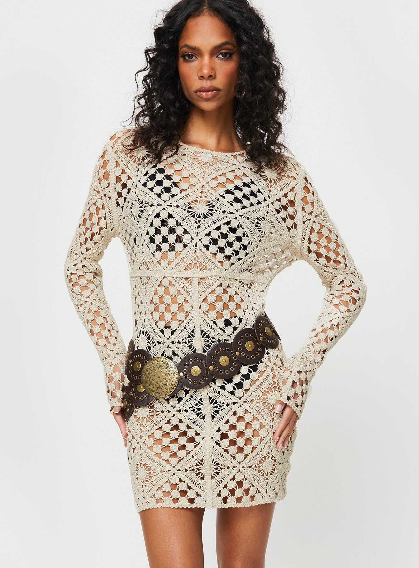 product Princess Polly High Neck  Atzaro Crochet Mini Dress Almond