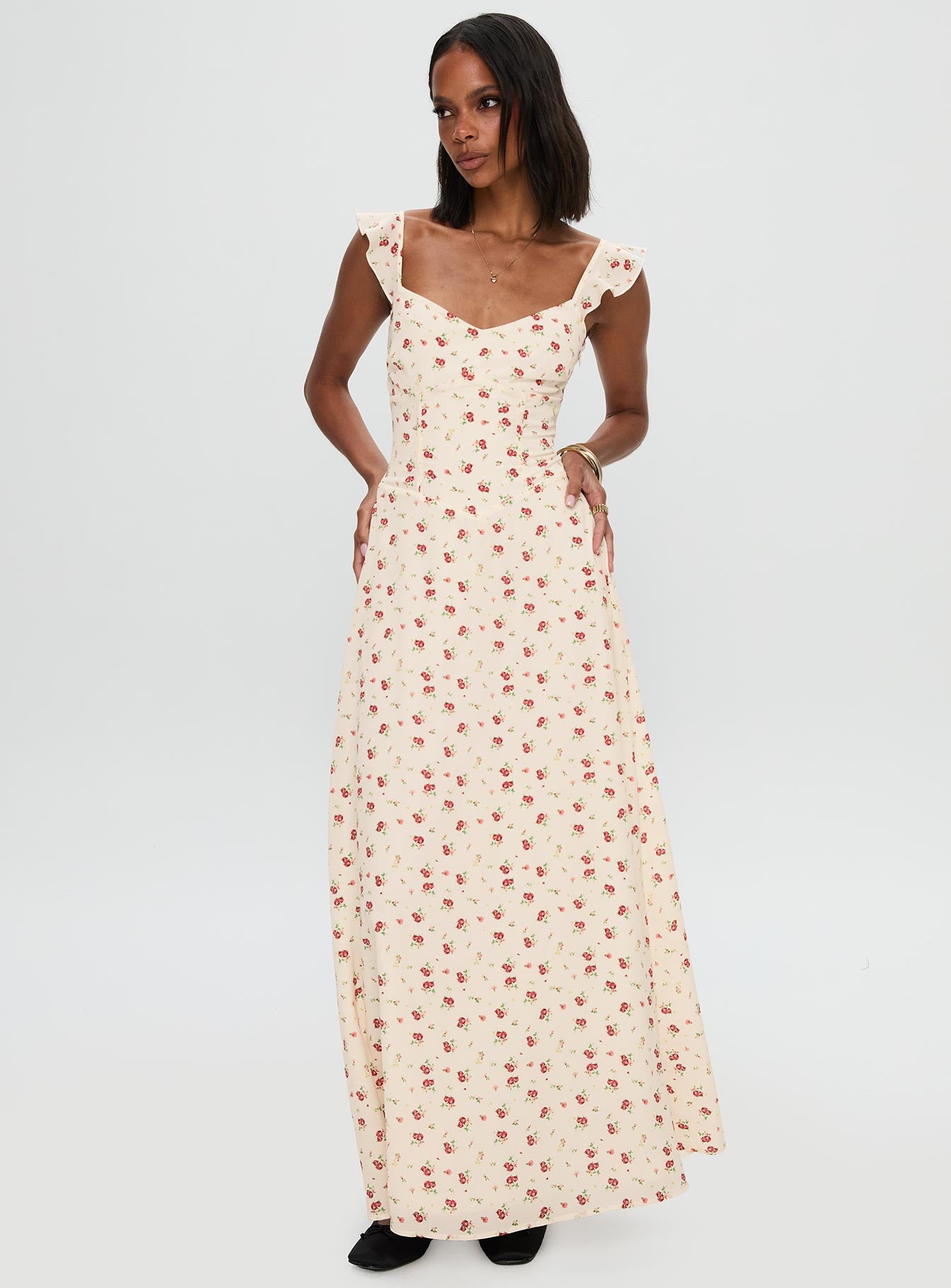 front view of model wearing Princess Polly Maryana Maxi Dress Cream / Multi Sweetheart Neckline 