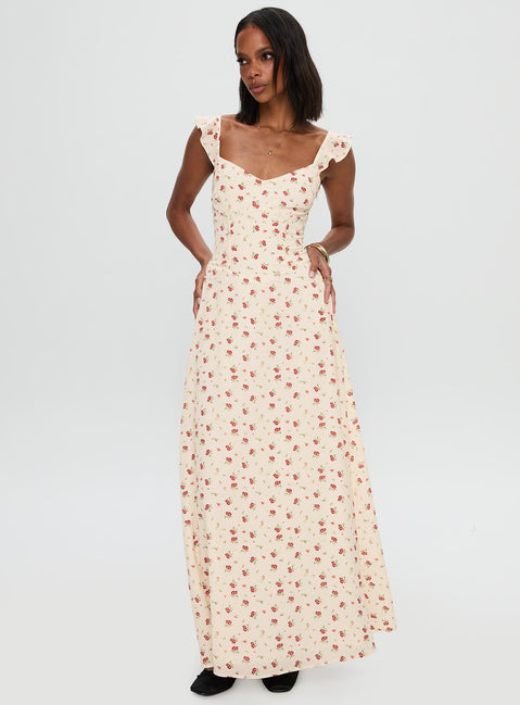front view of model wearing Princess Polly Maryana Maxi Dress Cream / Multi Sweetheart Neckline 