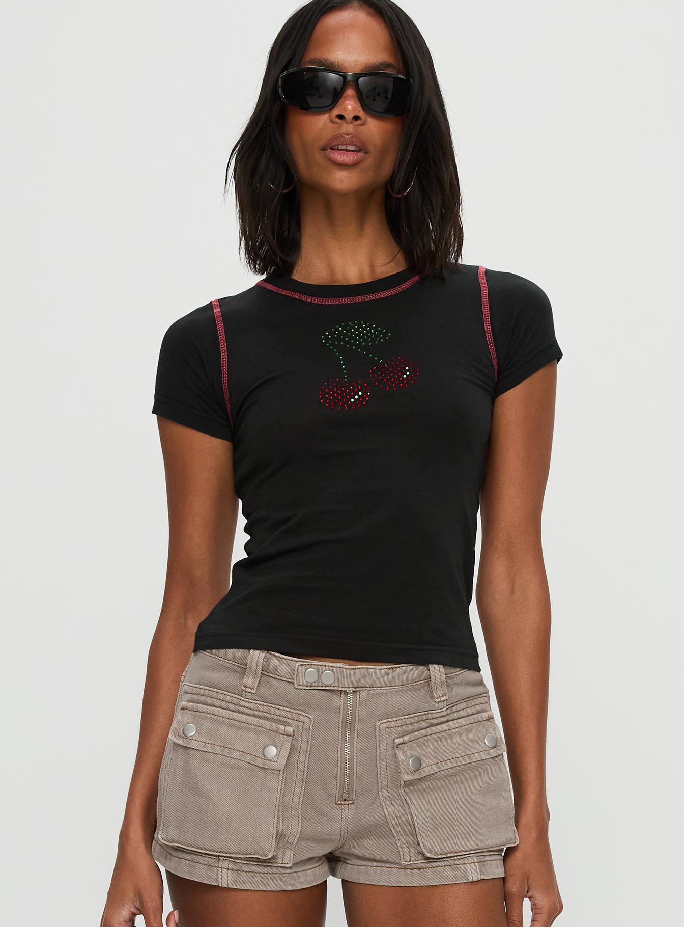 front view of model wearing Princess Polly Cherrie Kisses Top Black Short Sleeves Crew Neck 