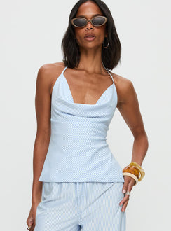 front view of model wearing Princess Polly Summer Too Hot Cowl Neck Top Blue Stripe Sleeveless Cowl 