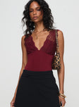 front view of model wearing Princess Polly Roan Lace Bodysuit Burgundy Sleeveless 