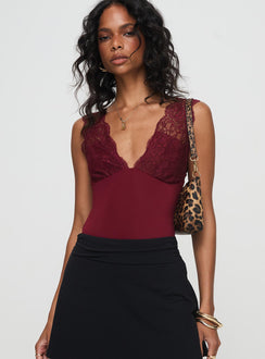 front view of model wearing Princess Polly Roan Lace Bodysuit Burgundy Sleeveless Plunger 