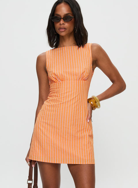 front view of model wearing Princess Polly Ellesandra Boat Neck Mini Dress Orange Stripe Boat Neck 