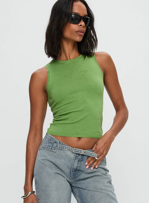 front view of model wearing Princess Polly Girl Almighty Top Green Sleeveless Crew Neck 