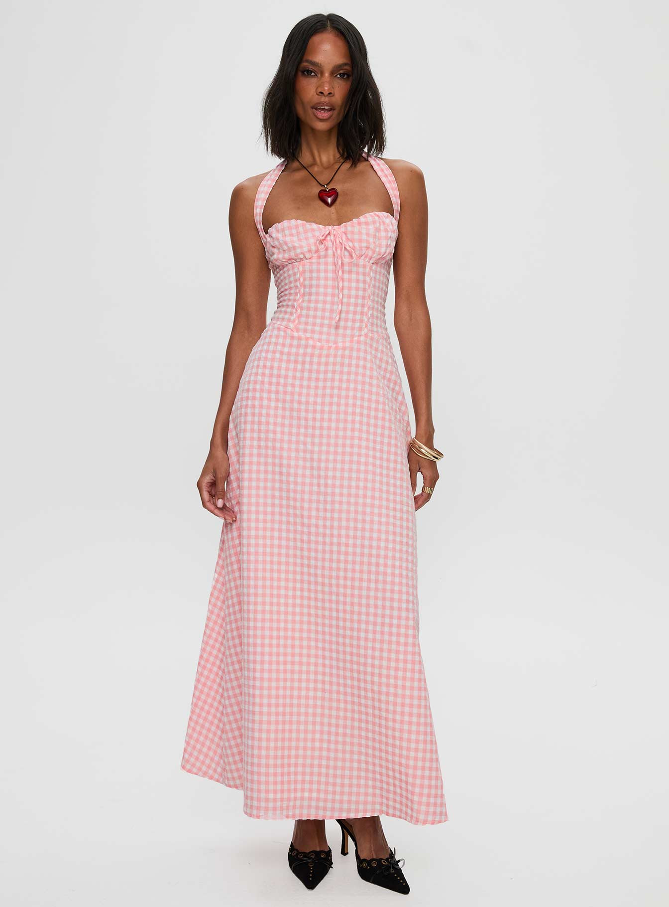 front view of model wearing Princess Polly Lucky For You Halter Maxi Dress Multi Sweetheart Neckline 