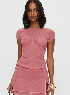 front view of model wearing Princess Polly Crystal Clear Mesh Top Pink Short Sleeves Crew Neck 