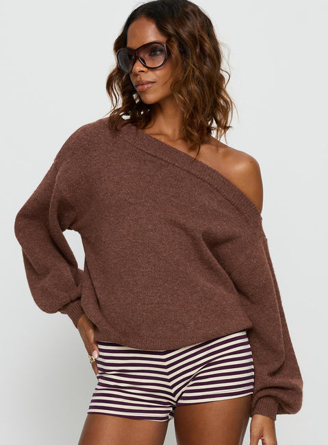 front view of model wearing Princess Polly Noble Off The Shoulder Sweater Chocolate 
