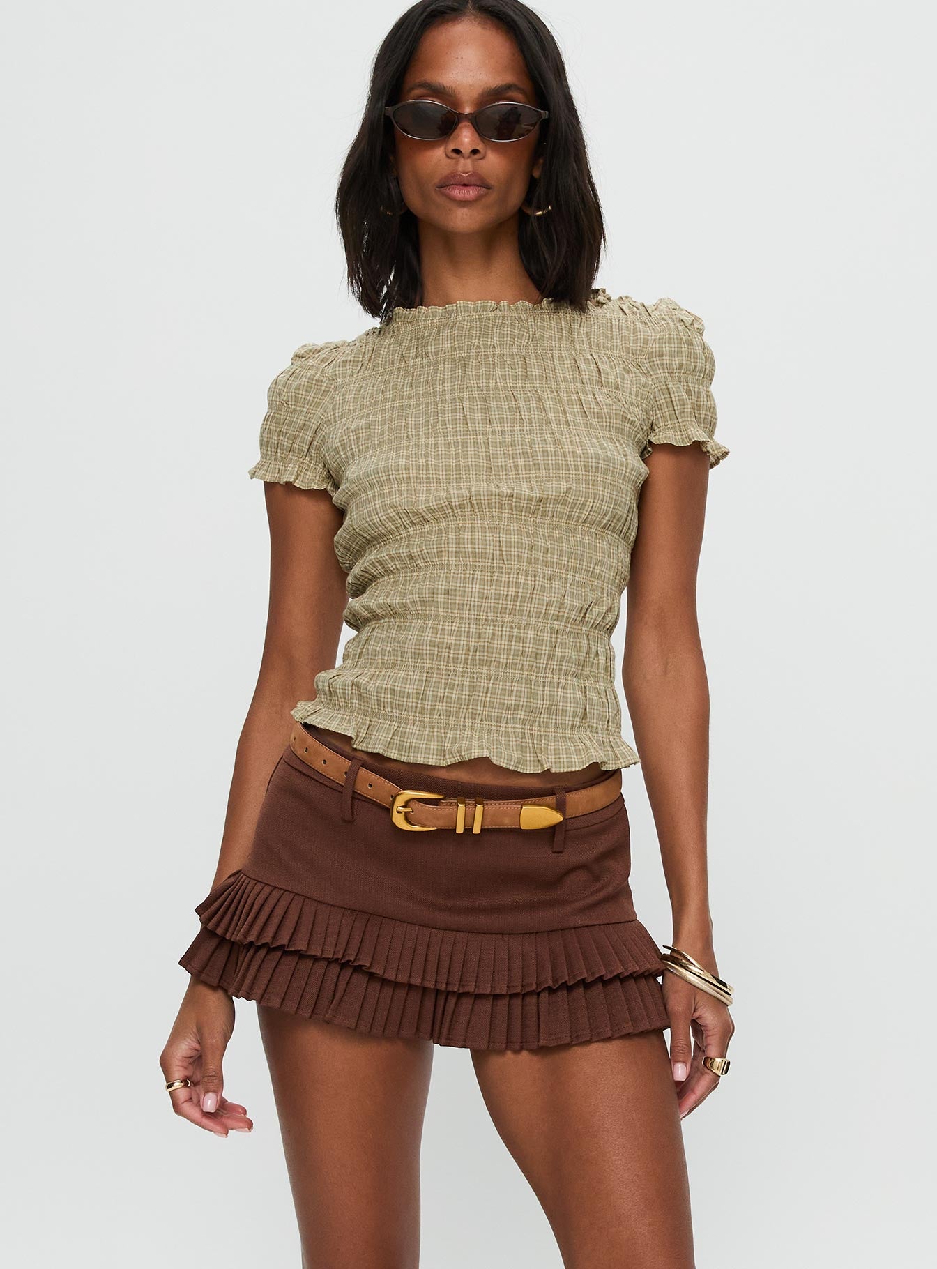 front view of model wearing Princess Polly Deei Double Ruffle Mini Skort Chocolate Low Rise Shorts 