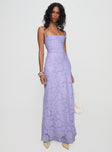 side view of model wearing Princess Polly Celena Maxi Dress Lilac Cowl Neck 