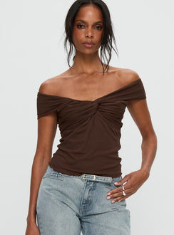 front view of model wearing Princess Polly Suspiria Twist Off Shoulder Top Chocolate Short Sleeves V-Neck 