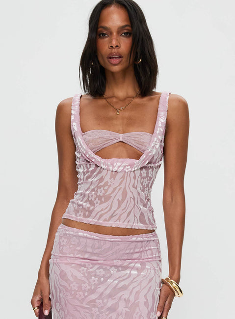 front view of model wearing Princess Polly Delilah Top Pink Sleeveless Cowl 